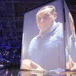
              A video of Duke head coach Mike Krzyzewski is displayed on center court during the NCAA college basketball team's Countdown to Craziness at Cameron Indoor Stadium in Durham, N.C., Friday, Oct. 15, 2021. (Ethan Hyman/The News & Observer via AP)
            