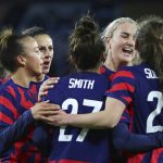 
              United States players celebrate a goal by Andi Sullivan (25) including, left to right, Mallory Pugh, Carli Lloyd, Sophia Smith (27) and Lindsey Horan against South Korea in the first half of a soccer friendly match Tuesday, Oct. 26, 2021, in St. Paul, Minn. (AP Photo/Andy Clayton-King)
            