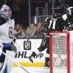 
              Los Angeles Kings celebrate a goal by right wing Adrian Kempe (9) during the second period of the team's NHL hockey game against the Winnipeg Jets on Thursday, Oct. 28, 2021 in Los Angeles. (AP Photo/Kyusung Gong)
            