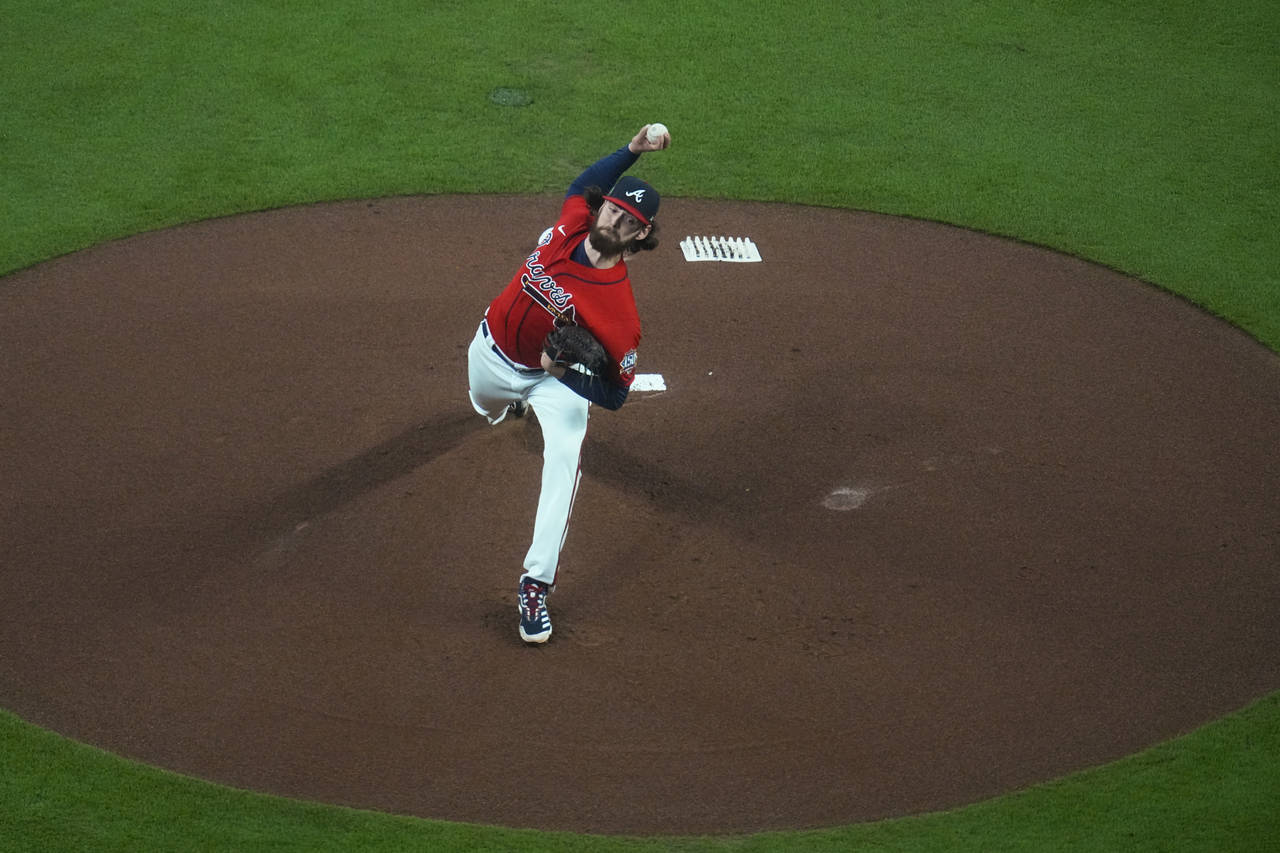 Atlanta Braves starting pitcher Ian Anderson throws during the first inning in Game 3 of baseball's...