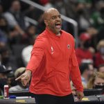 
              Washington Wizards head coach Wes Unseld Jr. gestures during the first half of an NBA basketball game against the Boston Celtics, Saturday, Oct. 30, 2021, in Washington. (AP Photo/Nick Wass)
            