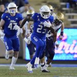 
              Tulsa running back Anthony Watkins (23) takes off on a 78-yard run in the first half of an NCAA college football game against Navy, Friday, Oct. 29, 2021, in Tulsa, Okla. (AP Photo/Sue Ogrocki)
            