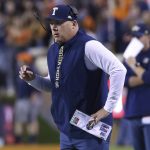 
              Georgia Tech coach Geoff Collins reacts to a play during the team's NCAA college football game against Virginia on Saturday, Oct. 23, 2021, in Charlottesville, Va. (Andrew Shurtleff/The Daily Progress via AP)
            