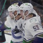
              Vancouver Canucks center Bo Horvat, right, celebrates with defenseman Oliver Ekman-Larsson after Horvat scored a goal against the Seattle Kraken during the second period of an NHL hockey game, Saturday, Oct. 23, 2021, in Seattle. (AP Photo/Ted S. Warren)
            