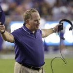 
              TCU head coach Gary Patterson reacts as his team plays West Virginia during the first half of an NCAA college football game Saturday, Oct. 23, 2021, in Fort Worth, Texas. (AP Photo/Ron Jenkins)
            