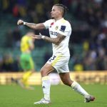 
              Leeds United's Kalvin Phillips celebrates after the final whistle of the Premier League match between Norwich City and Leeds United, at Carrow Road, Norwich, England, Sunday, Oct. 31, 2021. (Joe Giddens/PA via AP)
            