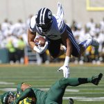 
              BYU tight end Isaac Rex (83) is hit by Baylor safety Jalen Pitre (8) during the first half of an NCAA college football game, Saturday, Oct. 16, 2021, in Waco, Texas. (AP Photo/Ron Jenkins)
            