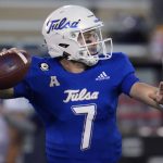 
              Tulsa quarterback Davis Brin (7) prepares to pass in the first half of an NCAA college football game against Navy, Friday, Oct. 29, 2021, in Tulsa, Okla. (AP Photo/Sue Ogrocki)
            