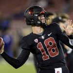 
              Stanford quarterback Tanner McKee warns up for the team's NCAA college football game against Washington in Stanford, Calif., Saturday, Oct. 30, 2021. (AP Photo/John Hefti)
            