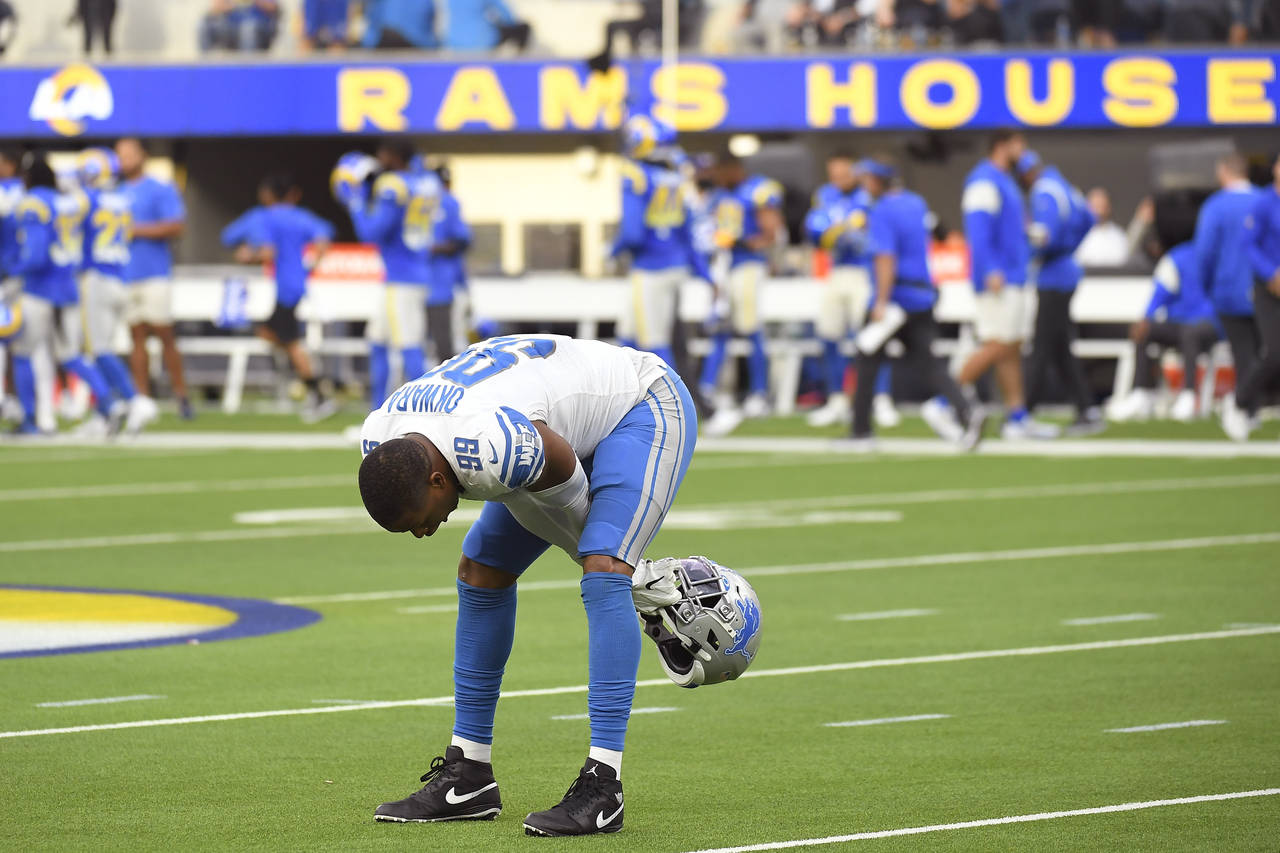 Detroit Lions linebacker Julian Okwara reacts after a field goal by the Los Angeles Rams during the...