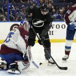 
              Colorado Avalanche goaltender Darcy Kuemper (35) makes a save on a shot by Tampa Bay Lightning left wing Alex Killorn (17) during the second period of an NHL hockey game Saturday, Oct. 23, 2021, in Tampa, Fla. (AP Photo/Chris O'Meara)
            