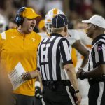 
              Tennessee coach Josh Heupel argues against a touchdown by Alabama quarterback Bryce Young during the second half of an NCAA college football game Saturday, Oct. 23, 2021, in Tuscaloosa, Ala. (AP Photo/Vasha Hunt)
            