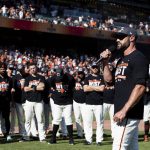 
              San Francisco Giants manager Gabe Kapler addresses the fans and his team after they defeated the San Diego Padres in a baseball game in San Francisco, Sunday, Oct. 3, 2021. The Giants won the National League West title. (AP Photo/John Hefti)
            