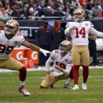 
              San Francisco 49ers Charlie Woerner (89) Mitch Wishnowsky (18) and kicker Joey Slye watch Slye's field goal during the first half of an NFL football game against the Chicago Bears Sunday, Oct. 31, 2021, in Chicago. (AP Photo/David Banks)
            