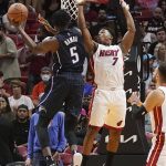 
              Orlando Magic center Mo Bamba (5) drives to the basket as Miami Heat guard Kyle Lowry (7) defends during the first half of an NBA basketball game, Monday, Oct. 25, 2021, in Miami. (AP Photo/Marta Lavandier)
            