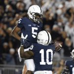 
              Penn State wide receiver Jahan Dotson (5) celebrates a third quarter touchdown pass with John Lovett (10) against Indiana during their NCAA college football game in State College, Pa., on Saturday, Oct. 2, 2021. (AP Photo/Barry Reeger)
            