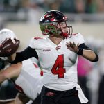 
              Western Kentucky quarterback Bailey Zappe looks to throw a pass against Michigan State during the first quarter of an NCAA college football game, Saturday, Oct. 2, 2021, in East Lansing, Mich. (AP Photo/Al Goldis)
            