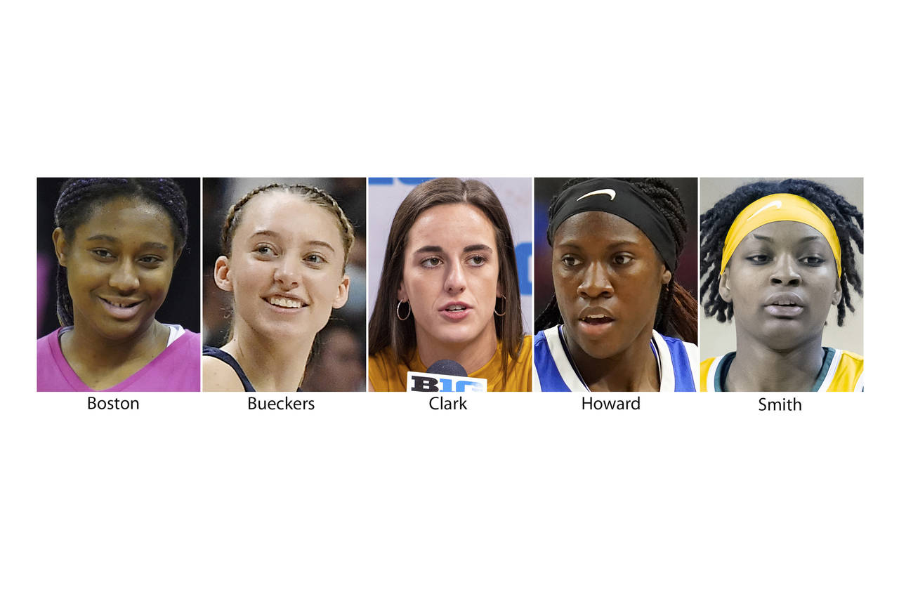 FILE - These are 2020 and 2021 file photos showing, from left; South Carolina's Aliyah Boston, UCon...