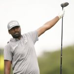 
              Sahith Theegala tries to direct his drive from the 18th tee box during the third round of the Sanderson Farms Championship golf tournament in Jackson, Miss., Saturday, Oct. 2, 2021. (AP Photo/Rogelio V. Solis)
            