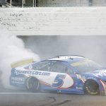 
              Kyle Larson (5) does a burnout after winning a NASCAR Cup Series auto race at Kansas Speedway in Kansas City, Kan., Sunday, Oct. 24, 2021. (AP Photo/Colin E. Braley)
            