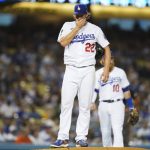 
              Los Angeles Dodgers starting pitcher Clayton Kershaw (22) reacts on the mound before he exits the game during the second inning of a baseball game against the Milwaukee Brewers Friday, Sept. 1, 2021, in Los Angeles. (AP Photo/Ashley Landis)
            