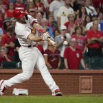 
              St. Louis Cardinals' Paul Goldschmidt hits a walk-off single during the ninth inning of a baseball game to defeat the Chicago Cubs Friday, Oct. 1, 2021, in St. Louis. (AP Photo/Jeff Roberson)
            