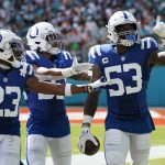 
              Indianapolis Colts outside linebacker Darius Leonard (53) celebrates a fumble recovery during the second half of an NFL football game against the Miami Dolphins, Sunday, Oct. 3, 2021, in Miami Gardens, Fla. (AP Photo/WIlfredo Lee)
            