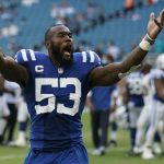 
              Indianapolis Colts outside linebacker Darius Leonard (53) celebrates the Colts victory over the Miami Dolphins, at the end of an NFL football game, Sunday, Oct. 3, 2021, in Miami Gardens, Fla. (AP Photo/Lynne Sladky)
            