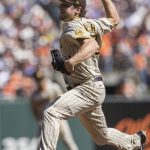 
              San Diego Padres starting pitcher Reiss Knehr works against the San Francisco Giants in the second inning of a baseball game in San Francisco, Sunday, Oct. 3, 2021. (AP Photo/John Hefti)
            