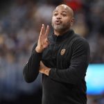 
              Cleveland Cavaliers head coach J.B. Bickerstaff directs his team against the Denver Nuggets in the first half of an NBA basketball game Monday, Oct. 25, 2021, in Denver. (AP Photo/David Zalubowski)
            