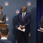 
              Allen Sills, Chief Medical Officer for the NFL, left, Troy Vincent, Executive Vice President of Football Operations at the NFL, center, and Jeff Miller, Executive Vice President of Communications at the NFL speak to reporters during the NFL football owners meeting in New York, Tuesday, Oct. 26, 2021. (AP Photo/Seth Wenig)
            