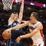 
              Orlando Magic center Moritz Wagner (21) blocks a shot to the basket by Miami Heat guard Duncan Robinson (55) during the first half of an NBA basketball game, Monday, Oct. 25, 2021, in Miami. (AP Photo/Marta Lavandier)
            