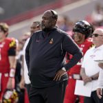 
              Maryland head coach Mike Locksley looks on during the first half of an NCAA college football game against Indiana, Saturday, Oct. 30, 2021, in College Park, Md. (AP Photo/Julio Cortez)
            