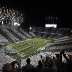 
              Penn State takes the field for their NCAA college football game against Indiana amidst a "Stripeout" crowd at Beaver Stadium in State College, Pa., on Saturday, Oct. 2, 2021. (AP Photo/Barry Reeger)
            