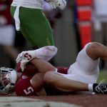 
              Stanford's John Humphreys (5) scores a touchdown against Oregon during overtime of an NCAA college football game in Stanford, Calif., Saturday, Oct. 2, 2021. (AP Photo/Jed Jacobsohn)
            