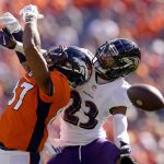 
              Baltimore Ravens cornerback Anthony Averett (23) breaks up a pass intended for Denver Broncos tight end Noah Fant during the first half of an NFL football game, Sunday, Oct. 3, 2021, in Denver. (AP Photo/Jack Dempsey)
            