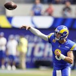 
              Los Angeles Rams quarterback Matthew Stafford throws during the first half in an NFL football game against the Arizona Cardinals Sunday, Oct. 3, 2021, in Inglewood, Calif. (AP Photo/Jae C. Hong)
            