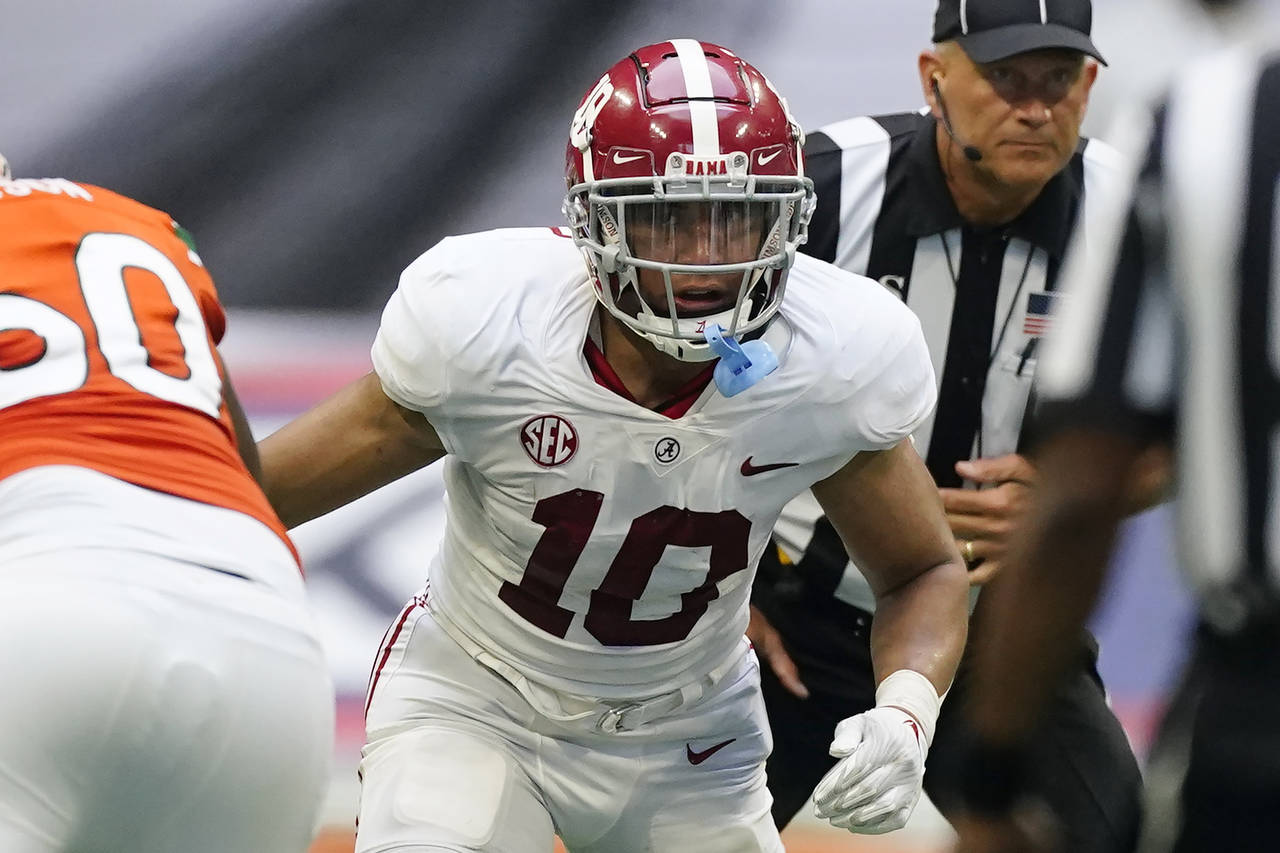 FILE - In this Saturday, Sept. 4, 2021, file photo, Alabama linebacker Henry To'oTo'o (10) plays ag...