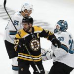 
              Boston Bruins' Patrice Bergeron (37) turns away from San Jose Sharks' Radim Simek (51) and Adin Hill (33) after the goal by Derek Forbort during the first period of an NHL hockey game, Sunday, Oct. 24, 2021, in Boston. (AP Photo/Michael Dwyer)
            