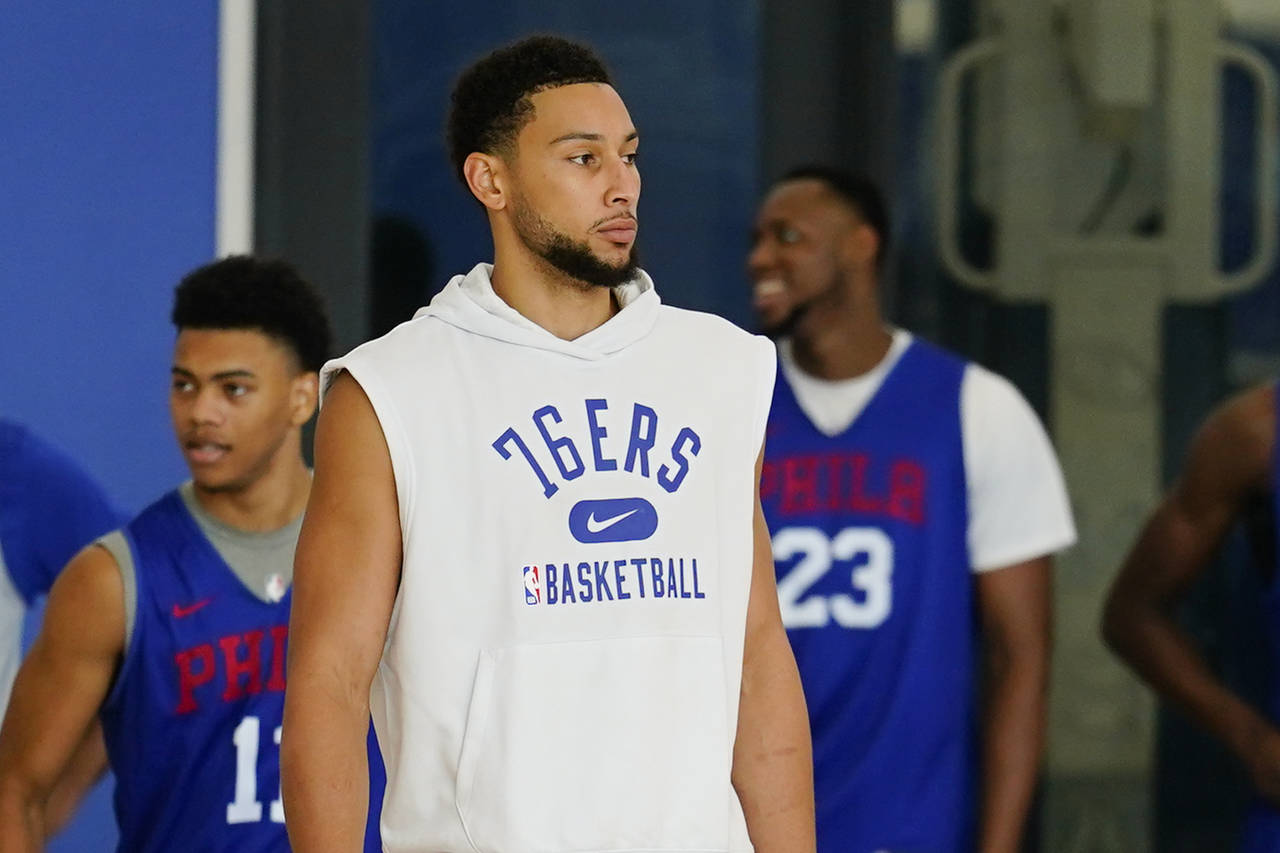 Philadelphia 76ers' Ben Simmons takes part in a practice at the NBA basketball team's facility, Mon...