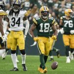 
              Green Bay Packers' Randall Cobb reacts to a first down catch during the second half of an NFL football game against the Pittsburgh Steelers Sunday, Oct. 3, 2021, in Green Bay, Wis. (AP Photo/Morry Gash)
            