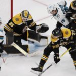 
              Boston Bruins' Linus Ullmark (35) blocks a shot between San Jose Sharks' Tomas Hertl (48) and Jasper Weatherby (26) during the third period of an NHL hockey game, Sunday, Oct. 24, 2021, in Boston. (AP Photo/Michael Dwyer)
            