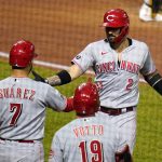 
              Cincinnati Reds' Nick Castellanos (2) celebrates with Eugenio Suarez (7) as he returns to the dugout after hitting a solo home run off Pittsburgh Pirates relief pitcher Enyel De Los Santos during the fifth inning of a baseball game in Pittsburgh, Saturday, Oct. 2, 2021. (AP Photo/Gene J. Puskar)
            