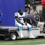 
              Carolina Panthers guard John Miller (67) is carted off the field during the second half of an NFL football game against the New York Giants, Sunday, Oct. 24, 2021, in East Rutherford, N.J. (AP Photo/Bill Kostroun)
            