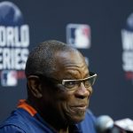 
              Houston Astros manager Dusty Baker Jr. listens to a question during a news conference Monday, Oct. 25, 2021, in Houston, in preparation for Game 1 of baseball's World Series tomorrow between the Houston Astros and the Atlanta Braves. (AP Photo/David J. Phillip)
            