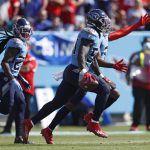 
              Tennessee Titans inside linebacker Rashaan Evans (54) celebrates after intercepting a pass against the Kansas City Chiefs in the first half of an NFL football game Sunday, Oct. 24, 2021, in Nashville, Tenn. (AP Photo/Wade Payne)
            