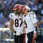 
              Cincinnati Bengals tight end C.J. Uzomah (87) and quarterback Joe Burrow (9) react after they connected for a touchdown pass during the second half of an NFL football game, Sunday, Oct. 24, 2021, in Baltimore. (AP Photo/Gail Burton)
            