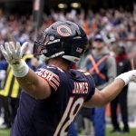 
              Chicago Bears tight end Jesse James celebrates his touchdown catch off a Justin Fields pass during the first half of an NFL football game against the San Francisco 49ers Sunday, Oct. 31, 2021, in Chicago. (AP Photo/David Banks)
            