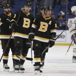 
              Boston Bruins center Charlie Coyle, center, skates alongside right wing Craig Smith, left, and center Brad Marchand, right, after scoring during the second period of an NHL hockey game against the Buffalo Sabres, Friday, Oct. 22, 2021, in Buffalo, N.Y. (AP Photo/Joshua Bessex)
            