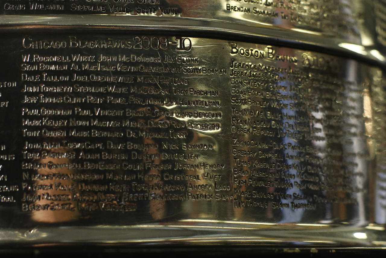 FILE - The names of the 2010 Stanley Cup Champion Chicago Blackhawks, left, are displayed on the St...